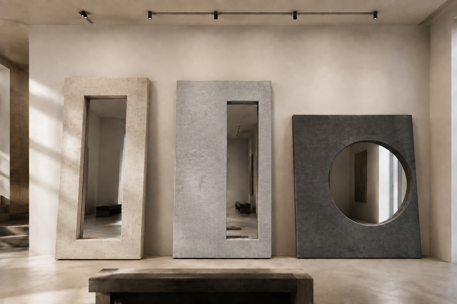 Portal, Shift, and Oculus concrete mirrors from the Hâpax Aperture Collection